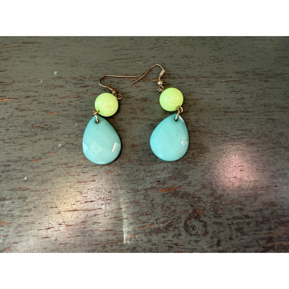 Turquoise Blue Lime Green Teardrop Dangle Earrings Gold Tone Fishhook Boho